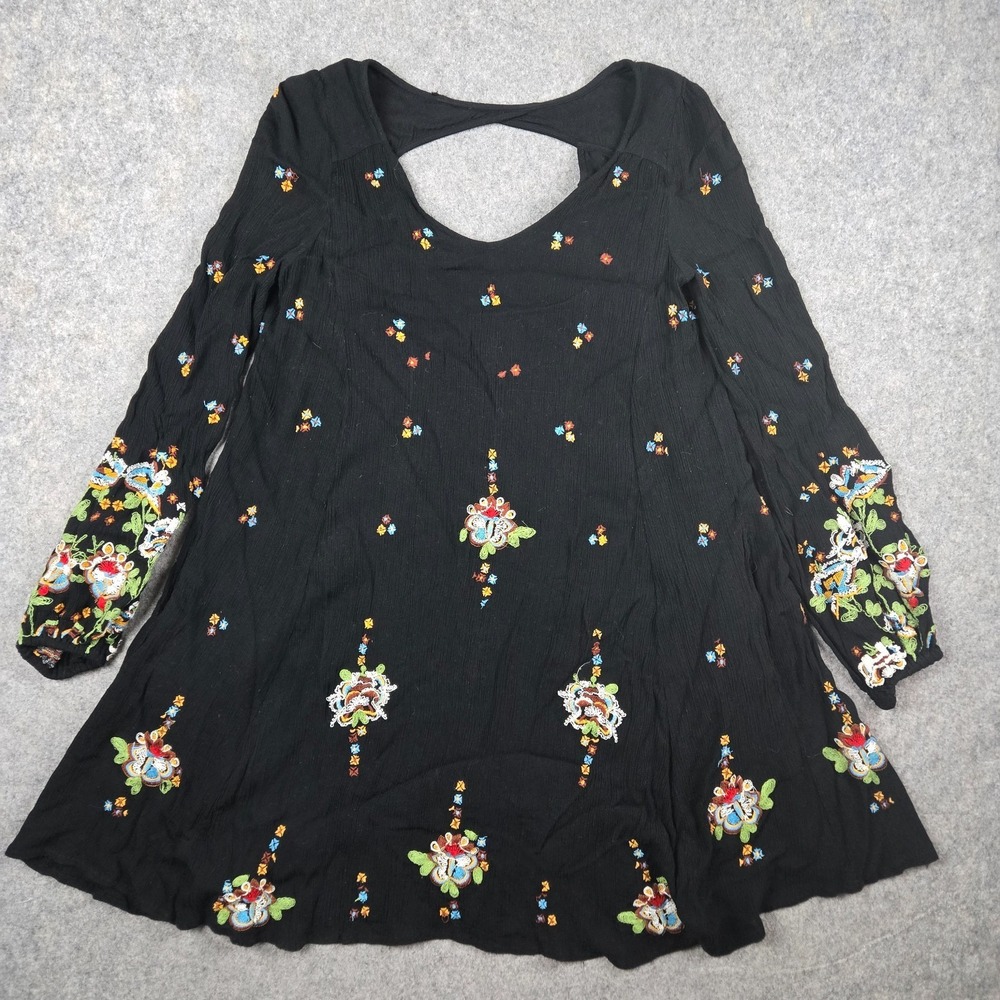 Free People Oxford Mini Dress Womens S Black Floral Swing Embroidered Bohemian